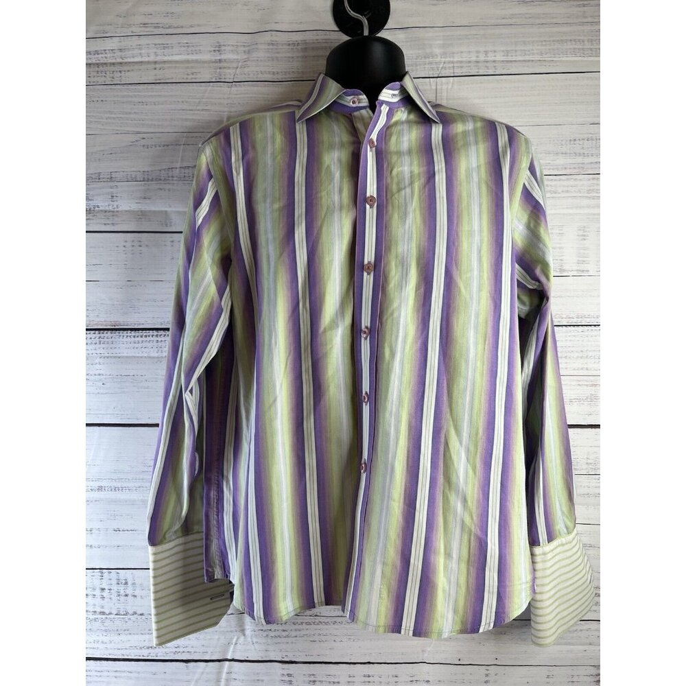 Robert Graham Dress Shirt Lime GreenPurple White Striped Colorful Button Down